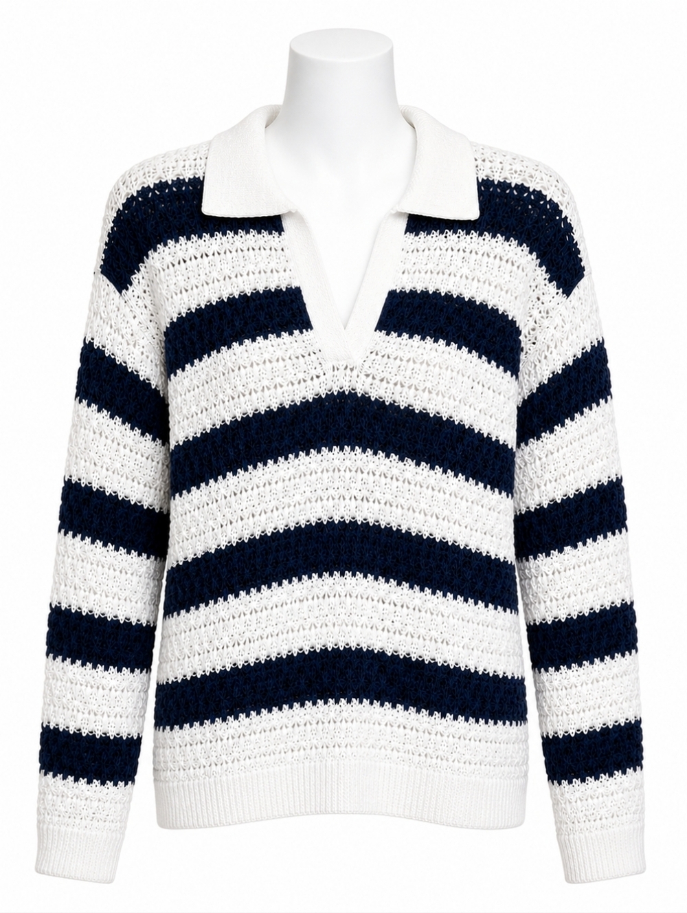 Talbots Striped Open Stitch Johnny Collar Pullover Sweater Sz M Nautical Preppy